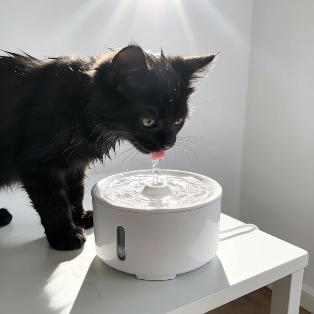 Gato bebiendo agua en fuente inteligente